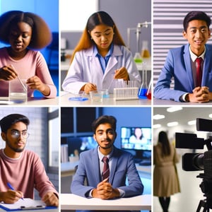 Pamphlet of students in multiple uniforms and workplaces